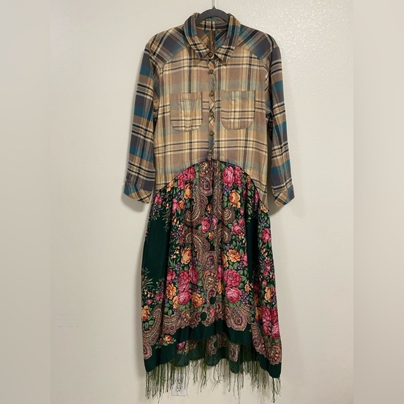 Aratta Shirt Womens Size Large Plaid Floral Print Grand Duchess Maxi Shirt